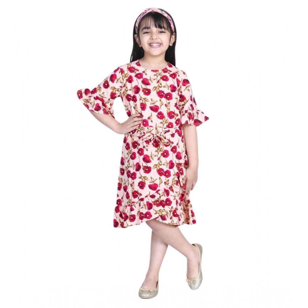 Generic Girl's Polyester Crepe Floral Bell Sleeve Dress (Red-Pink) - Image 5