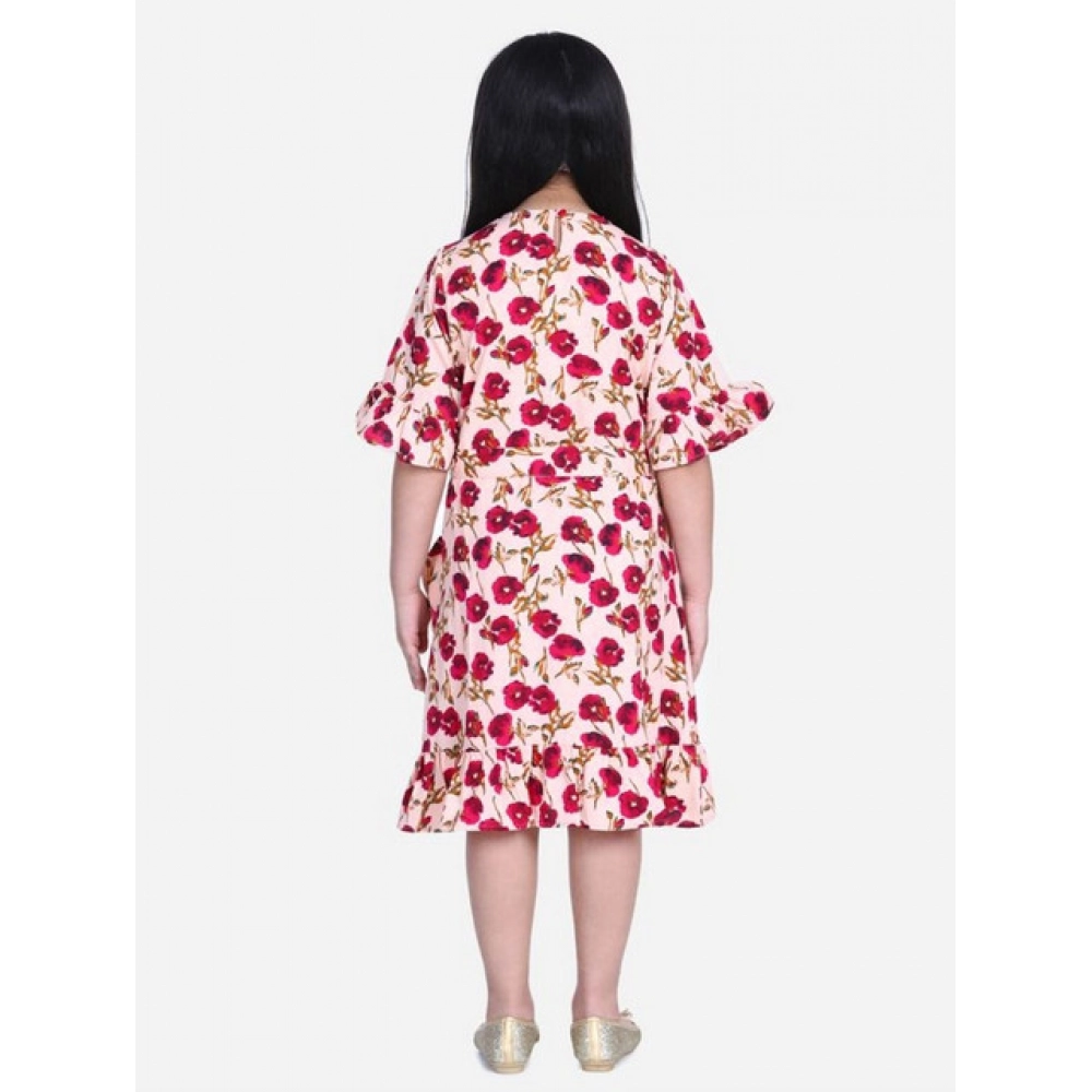 Generic Girl's Polyester Crepe Floral Bell Sleeve Dress (Red-Pink) - Image 4