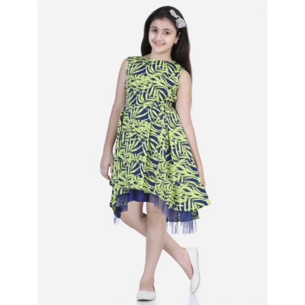 Generic Girl's Polyester Crepe & Net Printed Sleeveless Dress (Yellow-Blue)