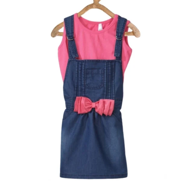 Generic Girl's Denim & Cotton Bow Sleeveless Dungaree (Pink)