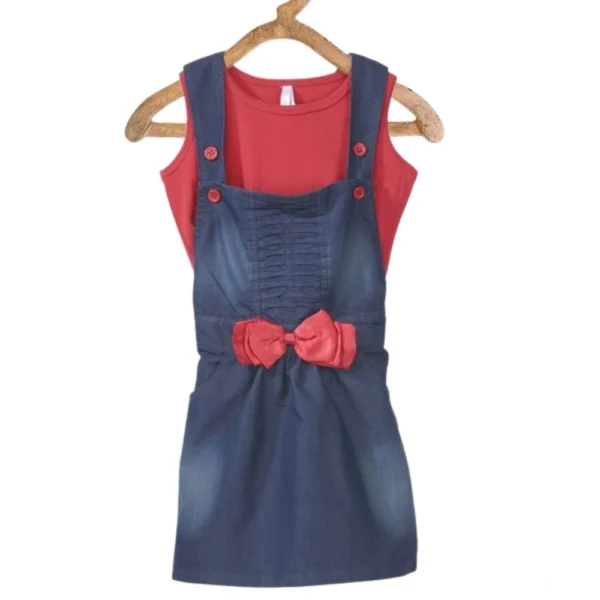 Generic Girl's Denim & Cotton Bow Sleeveless Dungaree (Red)