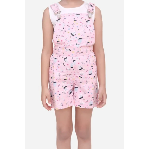 Generic Girl's Inner- Cotton Printed Sleeveless Dungaree (Light Pink)