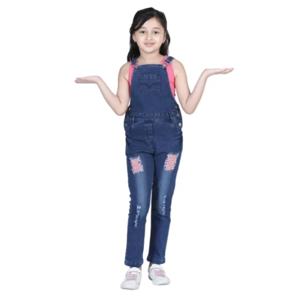 Generic Girl's Denim Patch Work Buttoned Dungaree (Blue)