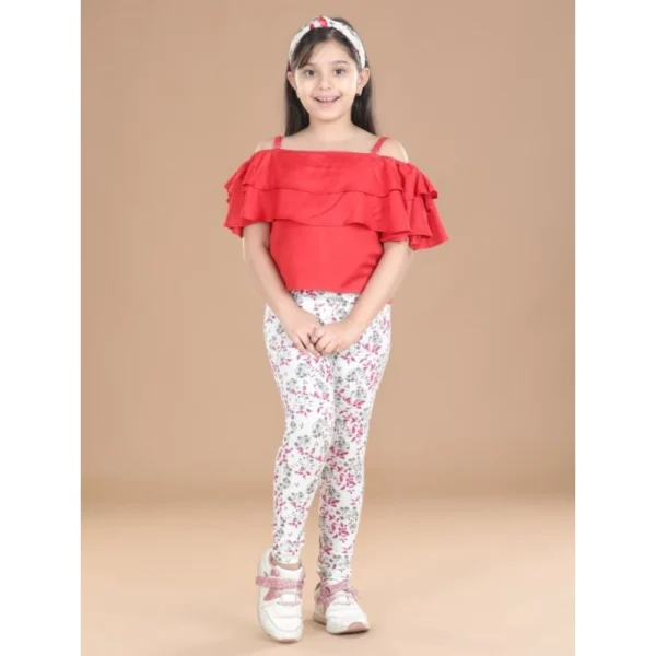 Generic Girl's Cotton Lycra Floral Elasticated Jeggings (White-Pink)
