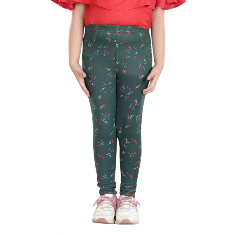Generic Girl's Cotton Lycra Floral Elasticated Jeggings (Bottle Green) - Image 5