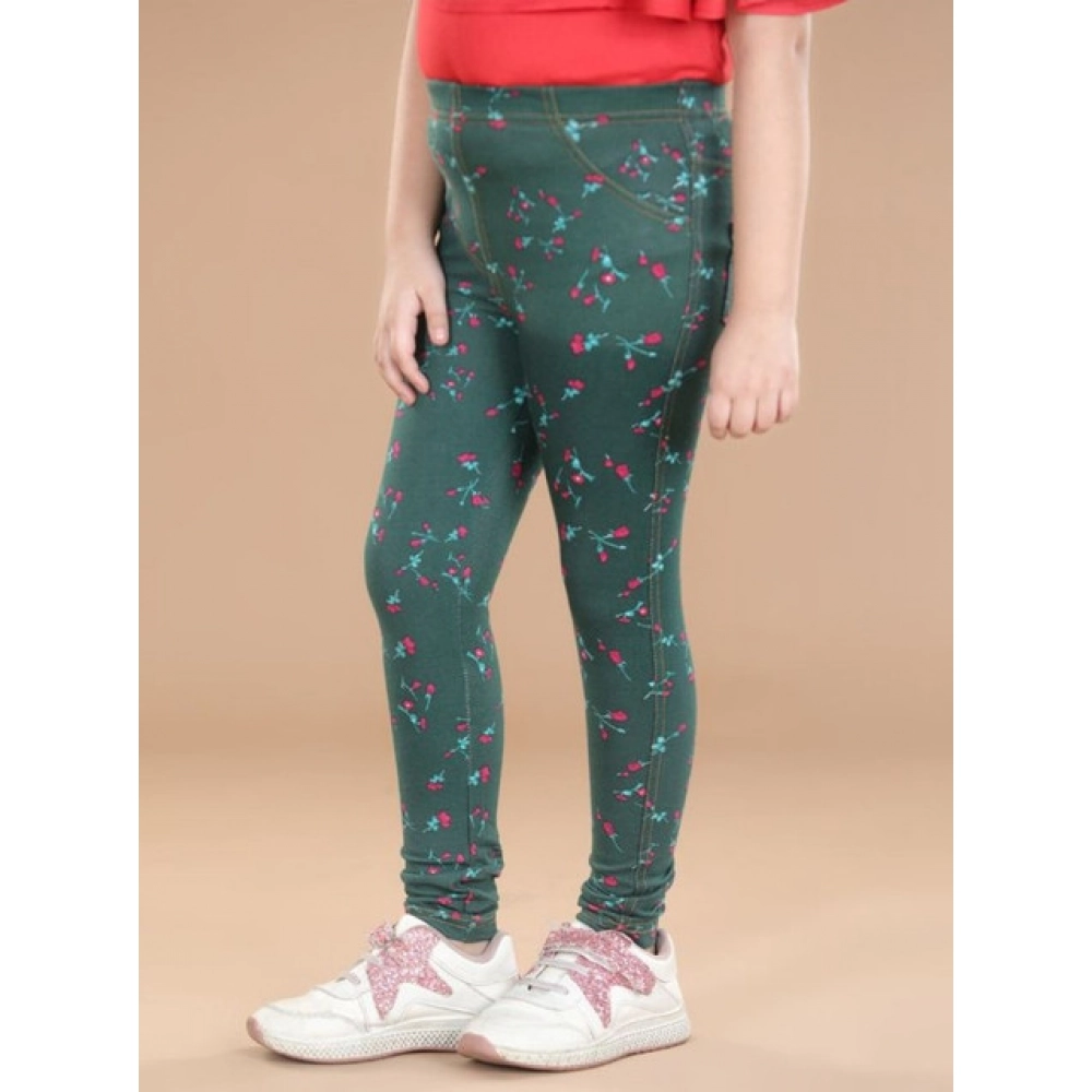 Generic Girl's Cotton Lycra Floral Elasticated Jeggings (Bottle Green) - Image 4