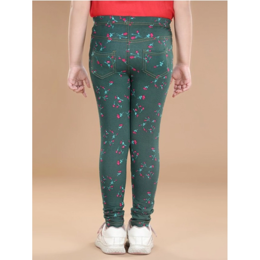 Generic Girl's Cotton Lycra Floral Elasticated Jeggings (Bottle Green) - Image 3