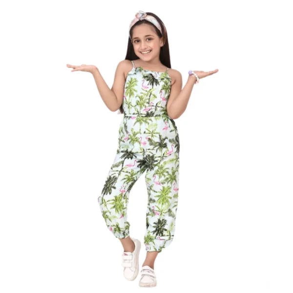Generic Girl's Denim Embroidered Sleeveless Jumpsuit (White-Green)