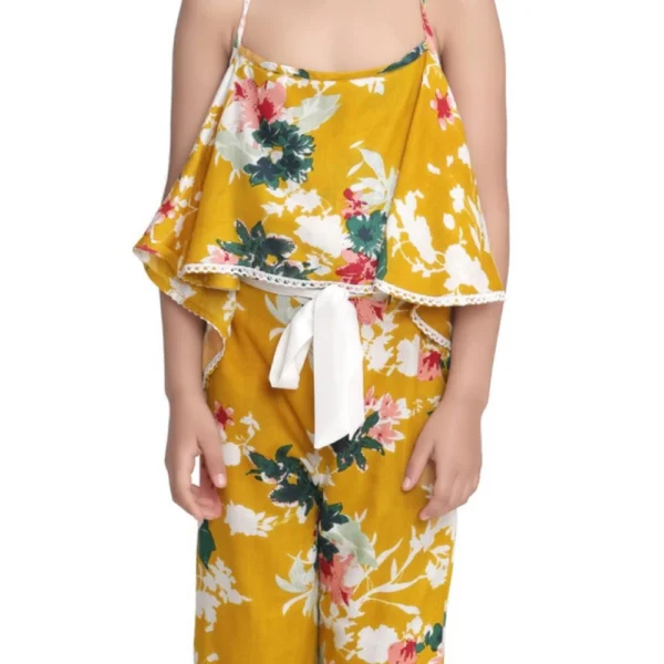 Generic Girl's Rayon Floral Shoulder Straps Jumpsuit (Mustard)