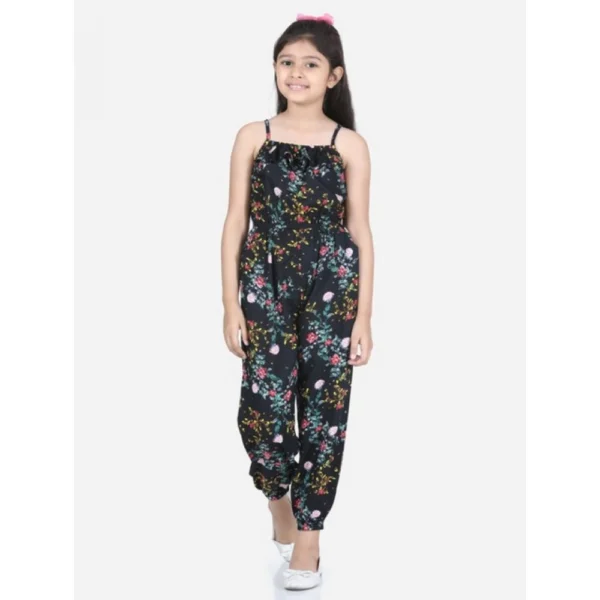 Generic Girl's Rayon Flamingo Print Sleeveless Jumpsuit (Black-Multicolor)