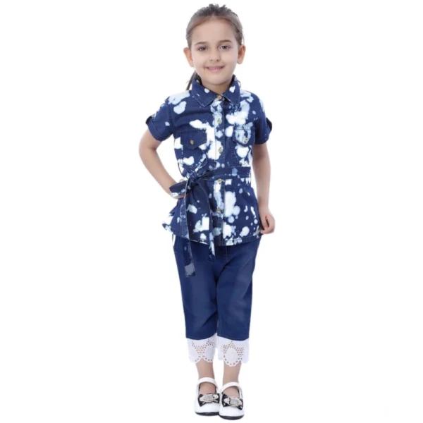 Generic Girl's Denim Tie & Dye Short Sleeve Top (Blue-White)