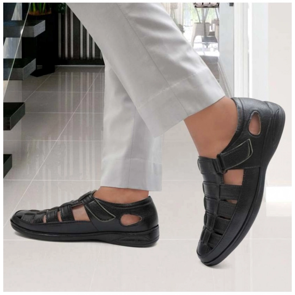 Generic Men's Casual Faux Leather Solid Velcro Sandal (Black) - Image 5