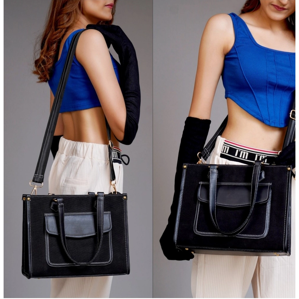 Generic Women's Canvas Medium Top handle Satchel Zipper Handbag (Black) - Image 4