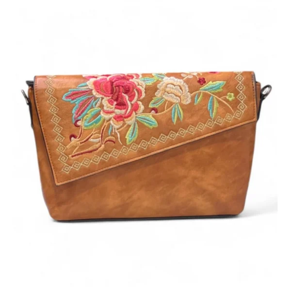 Generic Women's Polyurethane Floral Embroidered Crossbody Sling Bag with Adjustable & Removable Strap (Tan)