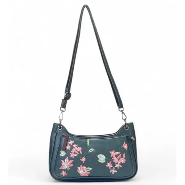 Generic Women's Polyurethane Floral Embroidered Crossbody Sling Bag with Adjustable & Removable Strap (Blue)