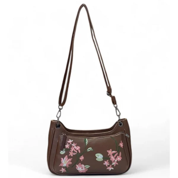 Generic Women's Polyurethane Floral Embroidered Crossbody Sling Bag with Adjustable & Removable Strap (Brown)