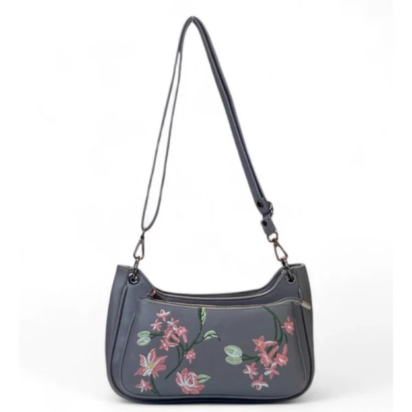 Generic Women's Polyurethane Floral Embroidered Crossbody Sling Bag with Adjustable & Removable Strap (Grey)