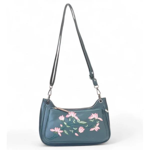 Generic Women's Polyurethane Floral Embroidered Crossbody Sling Bag with Adjustable & Removable Strap (Light Blue)
